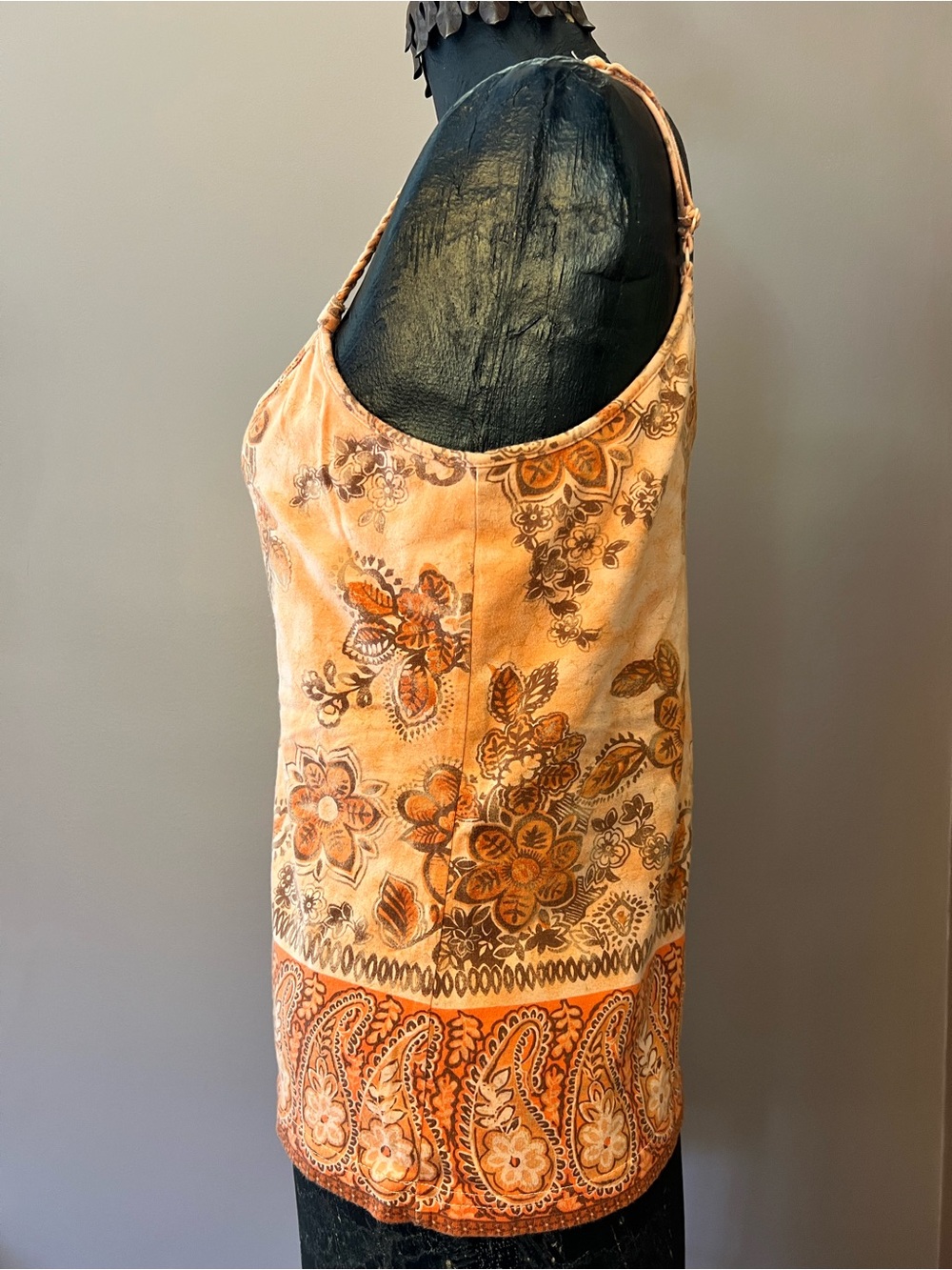 Y2K Faded Glory Orange Paisley Tropical Floral Braided Straps Tank Top Size L - Picture 5 of 10